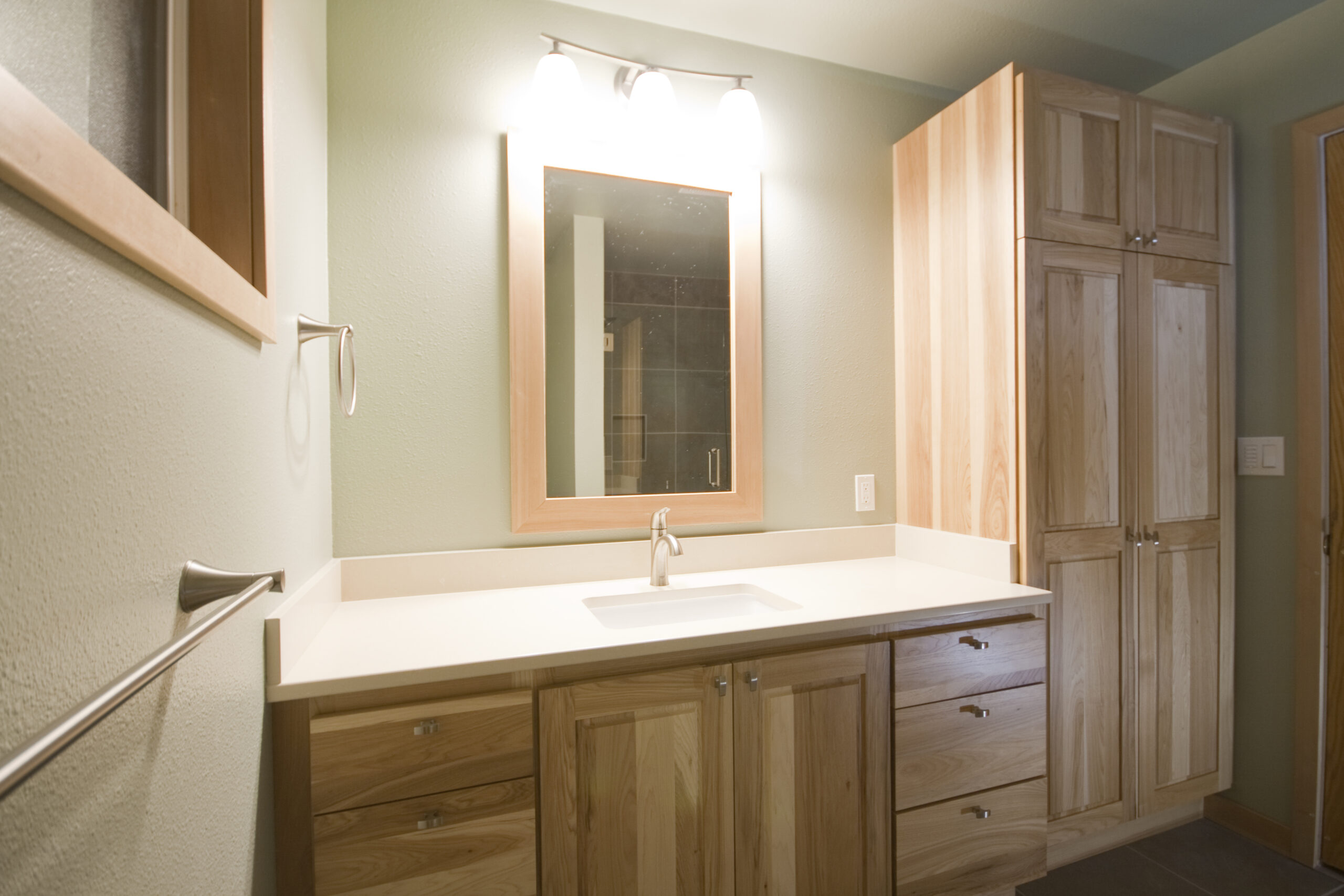 Bathroom pictures: hickory vanity and tall cabinets, CVG fir custom mirror frame