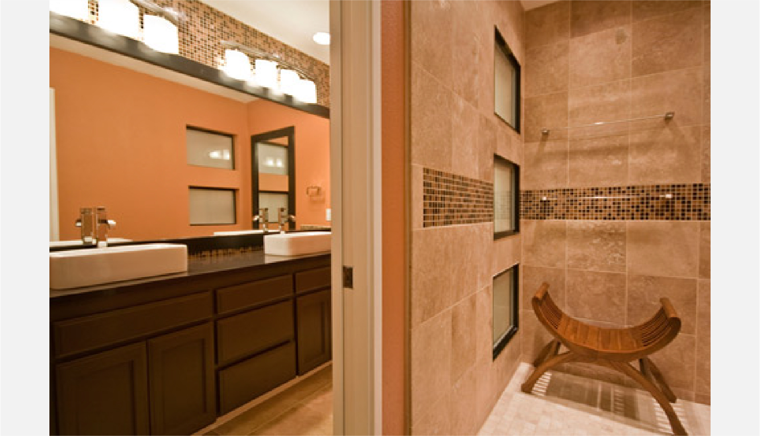 Glass tile shower accent and backsplash