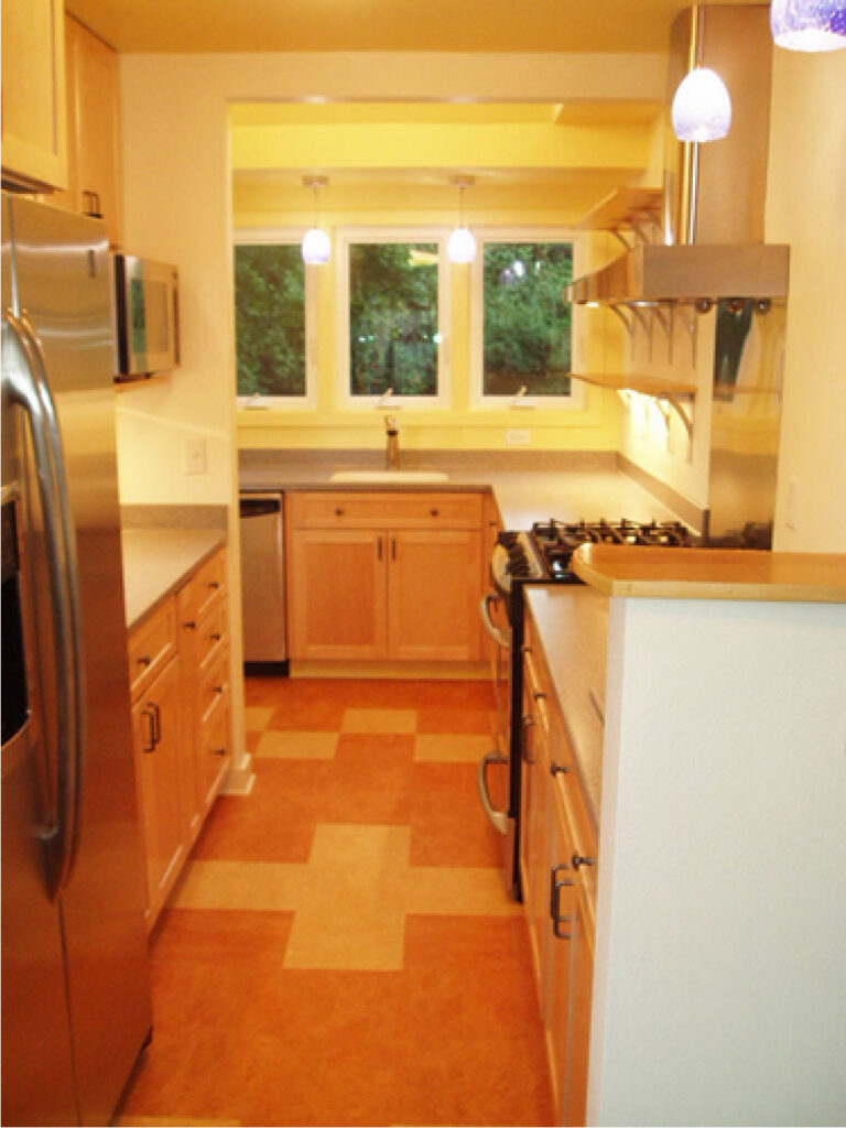 Checkerboard Marmoleum kitchen floor with open shelving