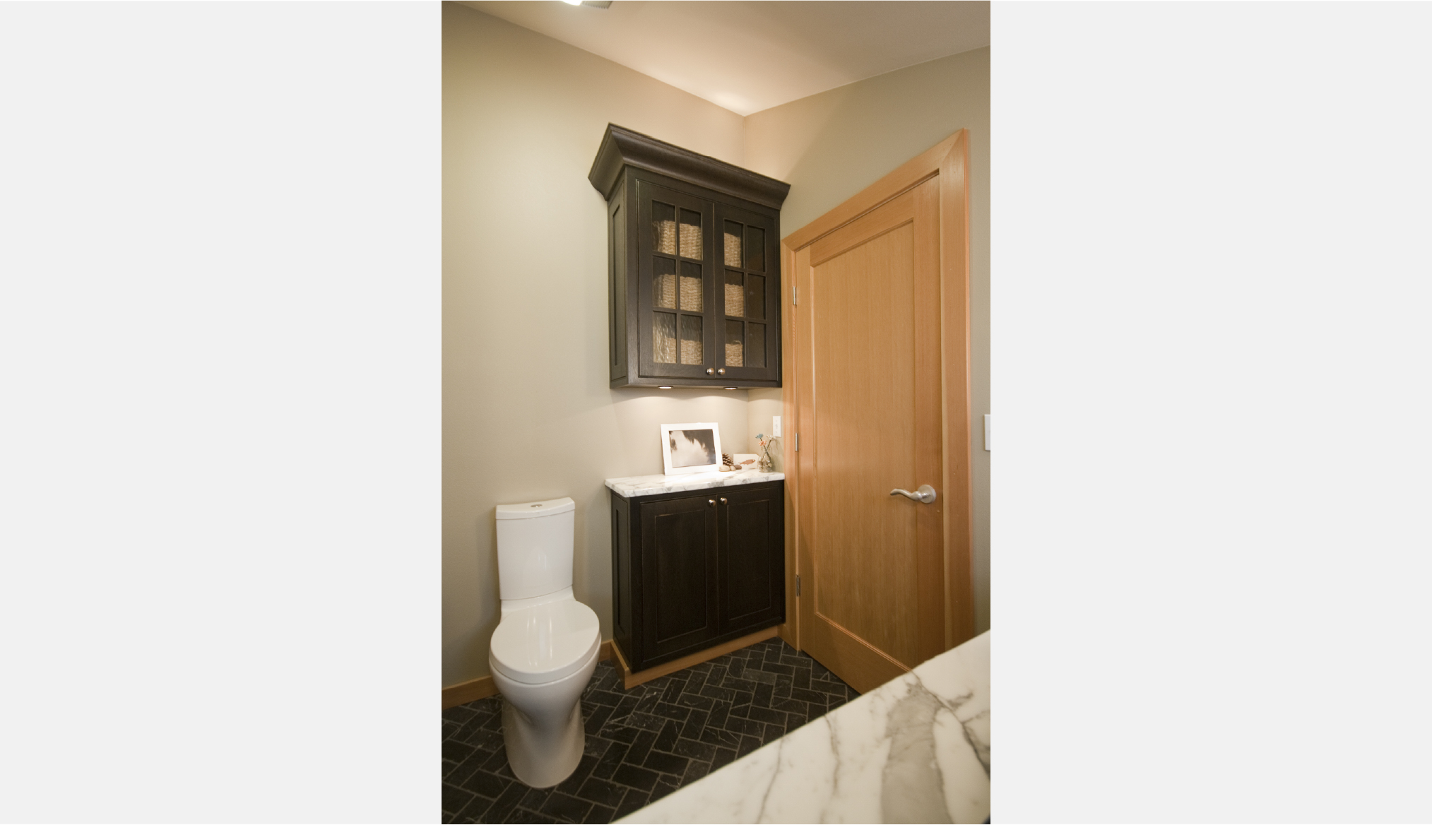 Herringbone marble tile floor
