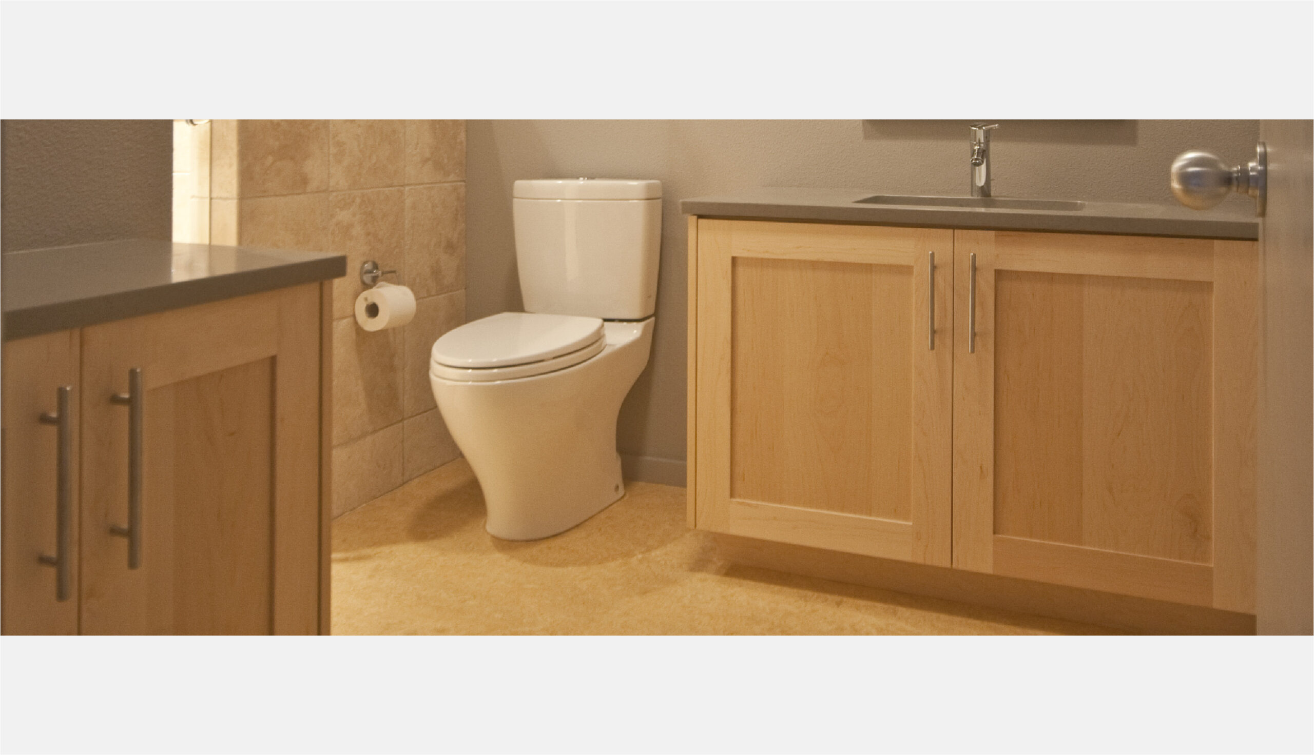 Bathroom with Marmoleum sheet flooring.