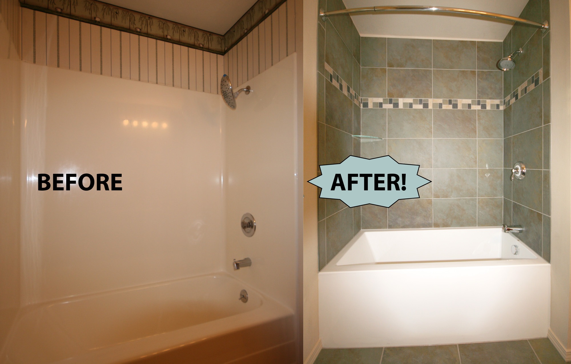 Bathtub and surround replacement with tile surround and curved shower rod.