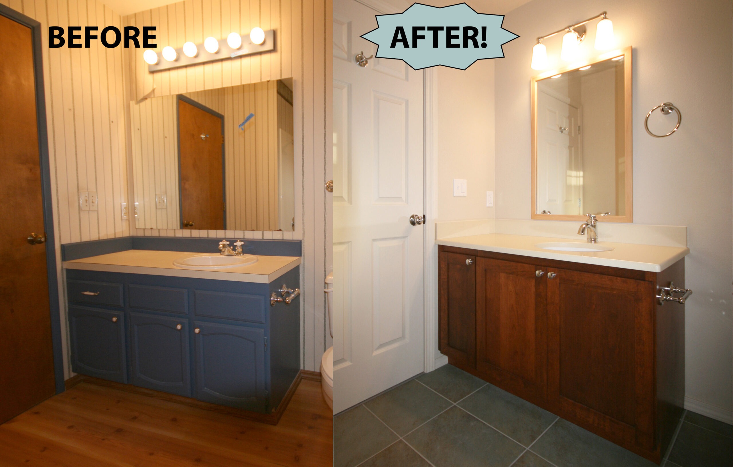 Bathroom remodel before / after shot showing new vanity area.