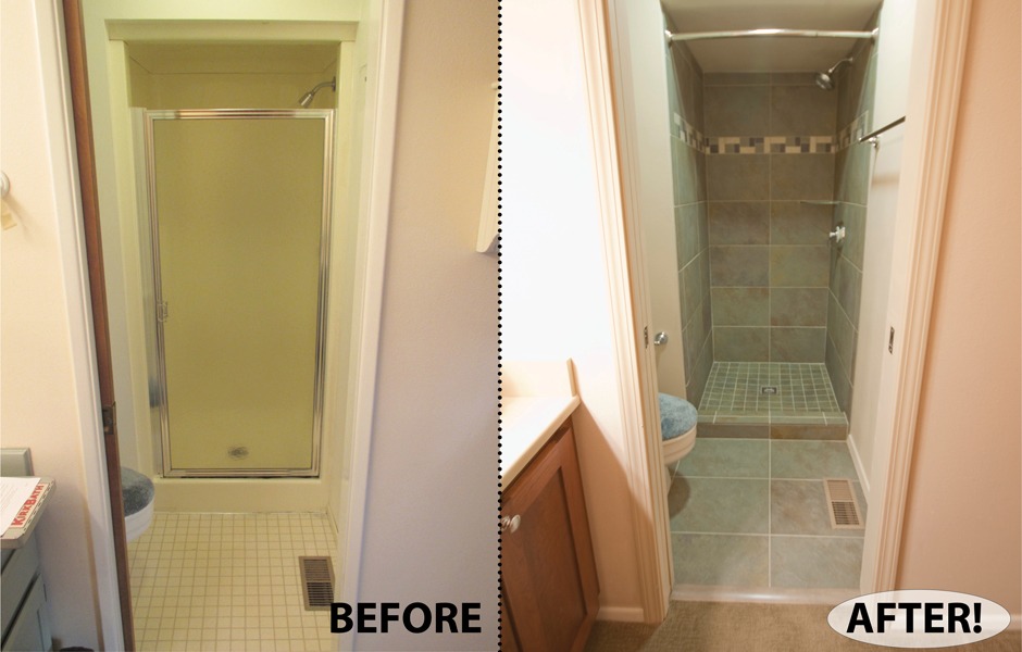 Bathroom before / after shots of small tiled shower room.