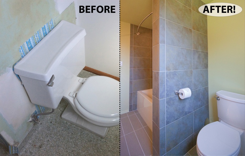Bathroom remodel showing a toilet moved to an adjacent wall, tiled walls and floor.