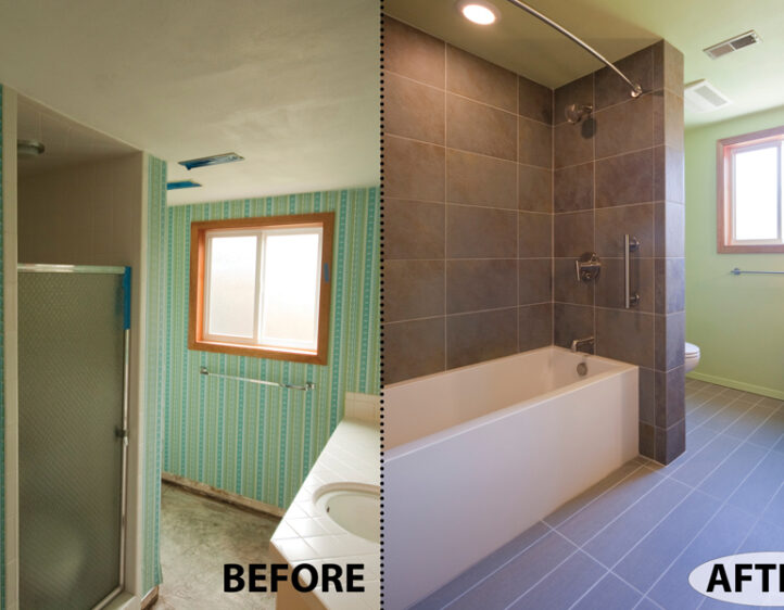 Bathroom remodel before-after showing small shower transformed to tiled tub-shower.