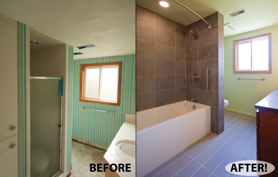 Bathroom remodel before-after showing small shower transformed to tiled tub-shower.