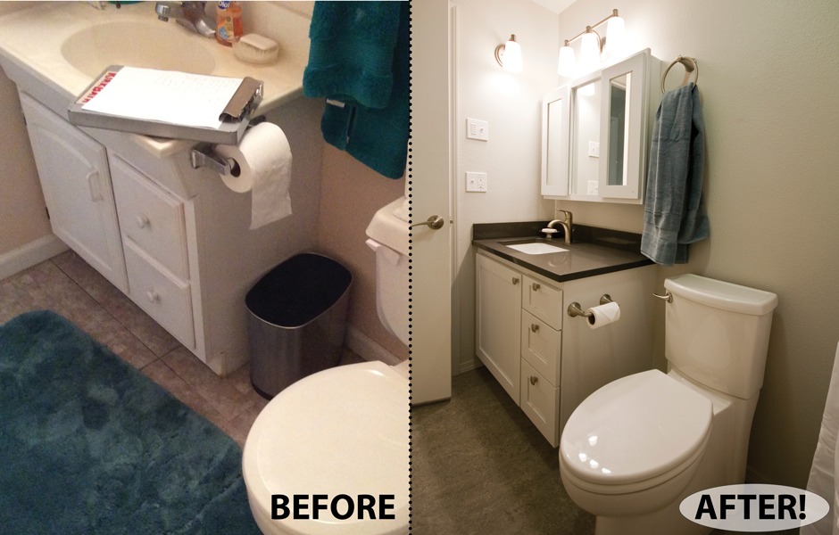 Bathroom re-do with custom white medicine cabinet.