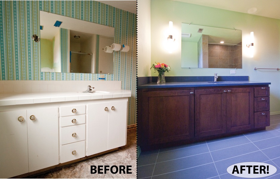 Re-built bathroom featuring the vanity area.