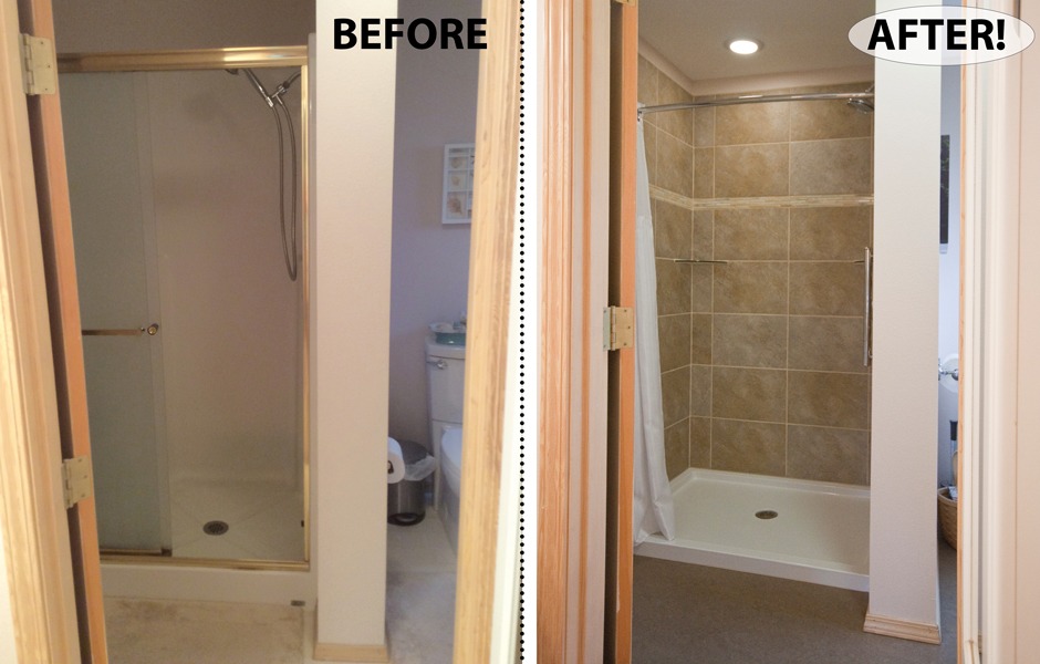 Custom bathroom remodel with tiled shower surround, acrylic shower pan.
