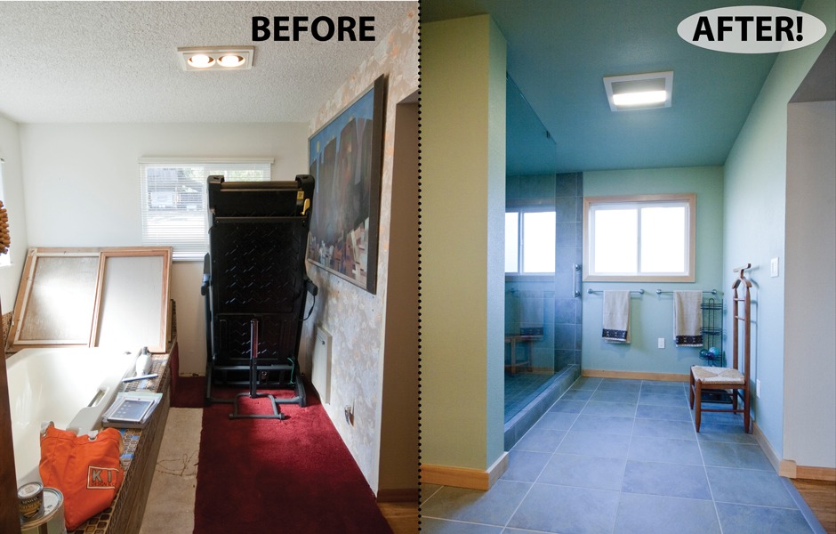 Replacement of bathroom finishes and fixtures before-after.
