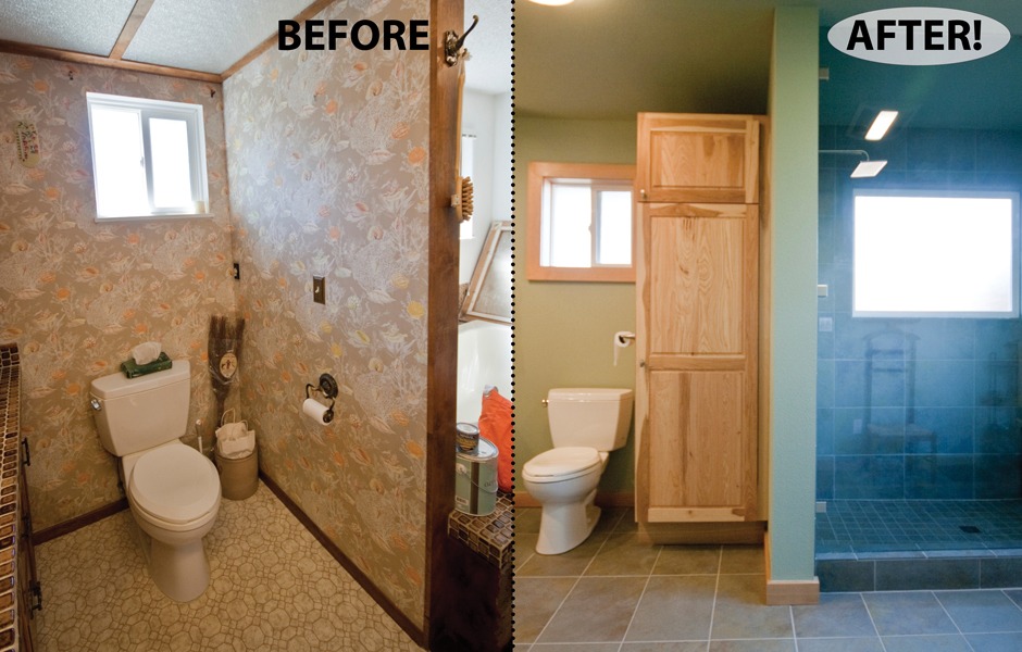 New custom bathroom with hickory cabinets and walk-in shower.