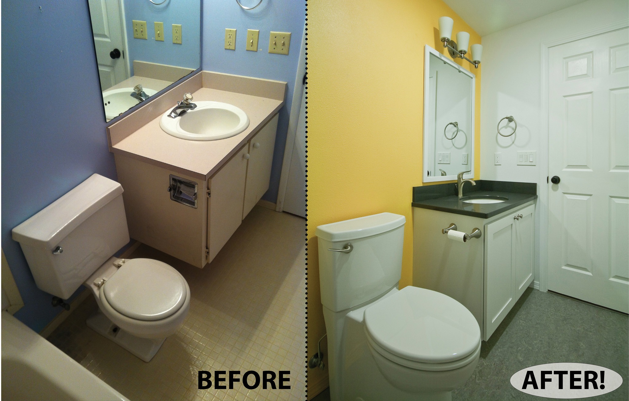 bath remodel with quartz counter and sunny yellow accent wall.