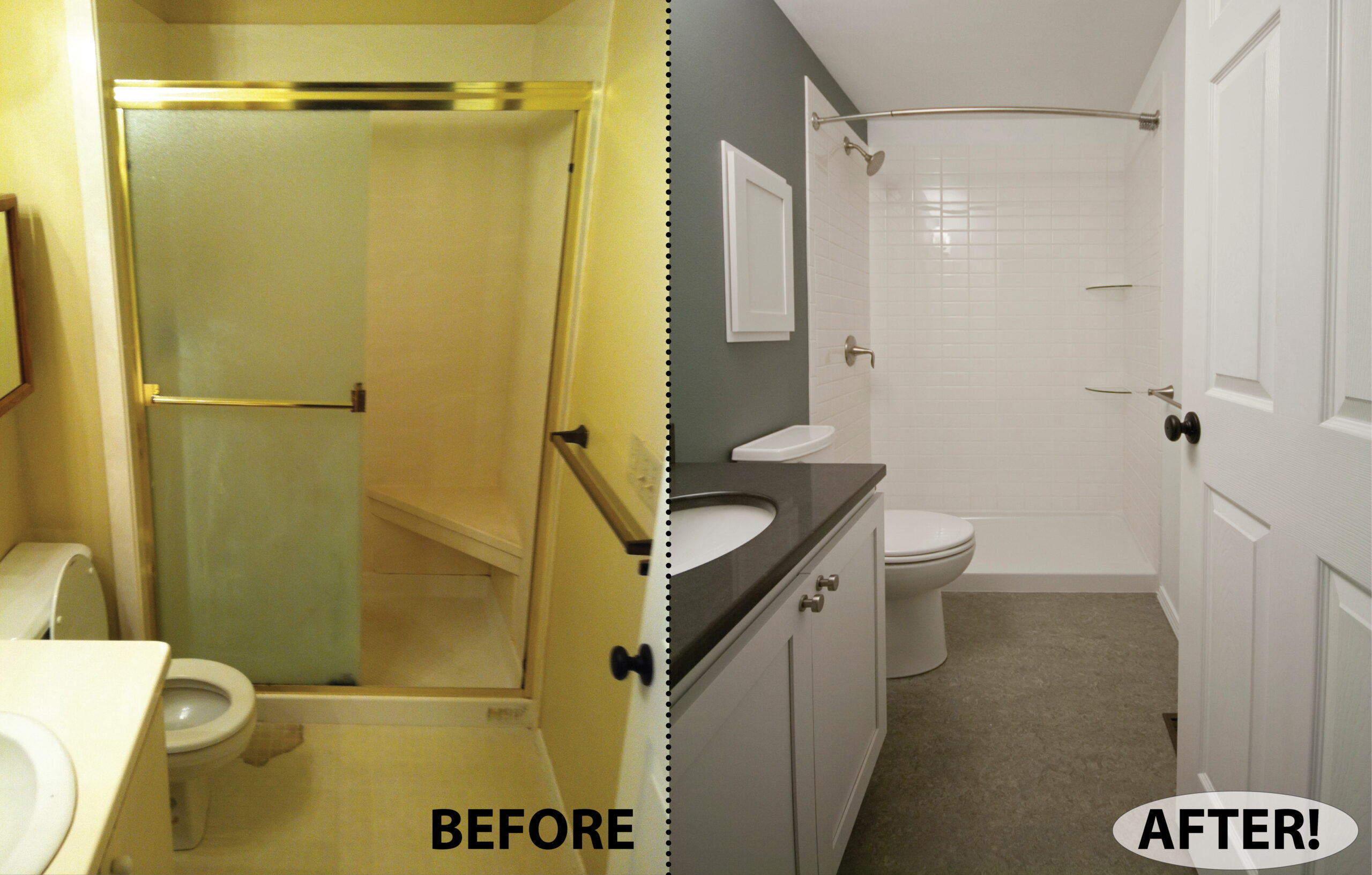 Bathroom before-after with subway tile shower surround and recessed medicine cabinet.