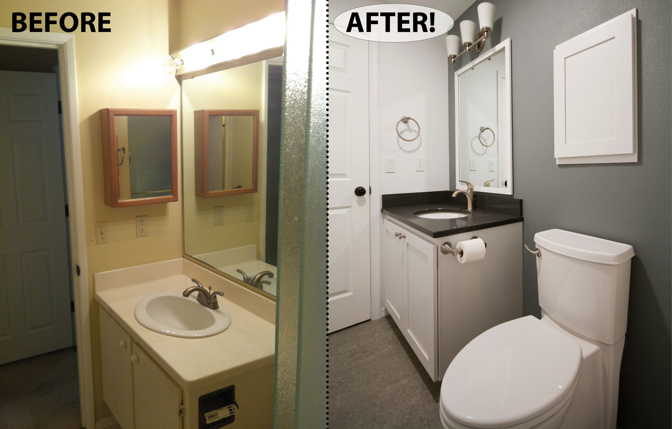 bathroom re-design with all new fixtures and finishes, recessed medicine cabinet.