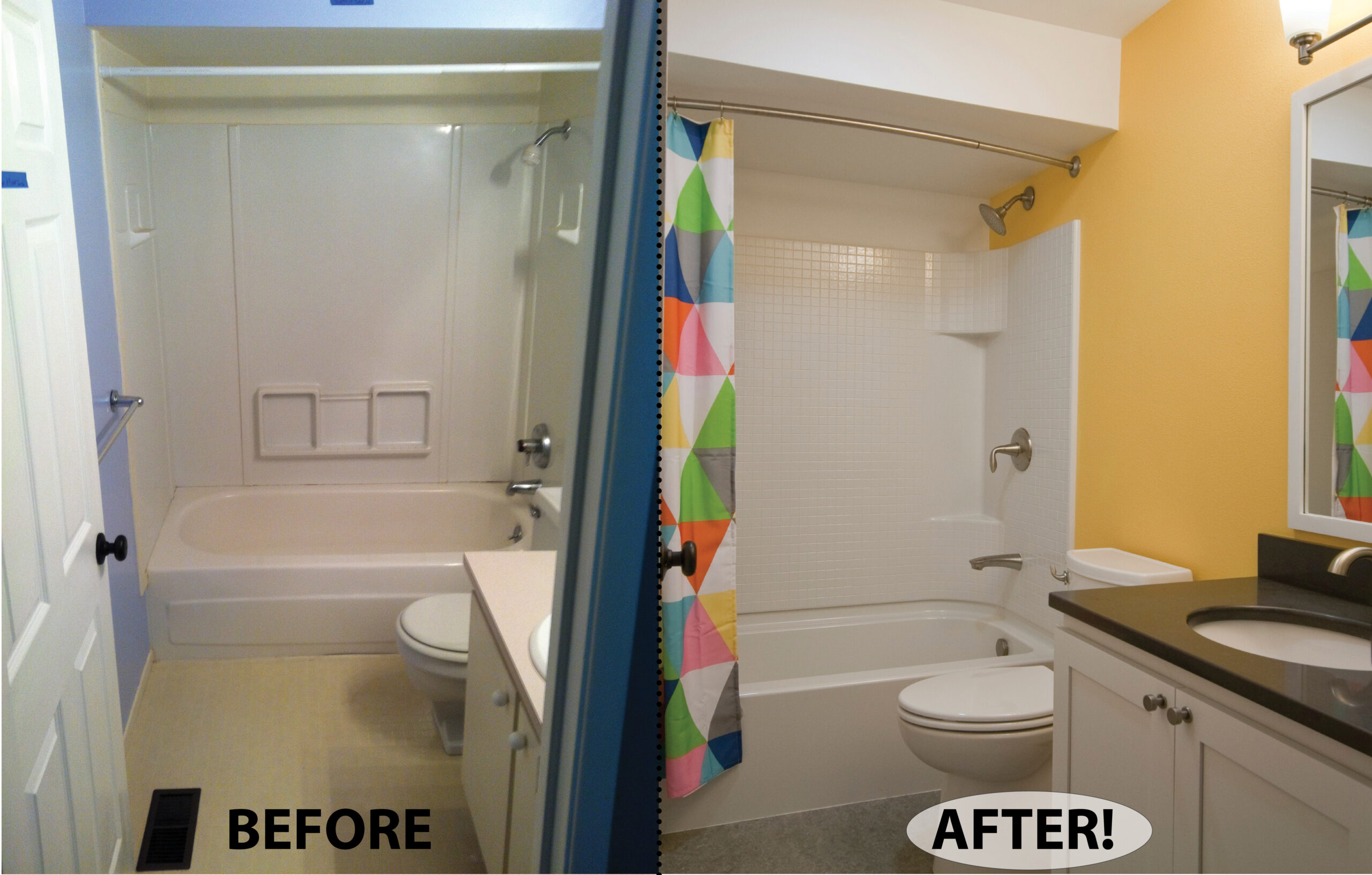 Full custom bathroom remodel with acrylic tub/shower, yellow accent wall.