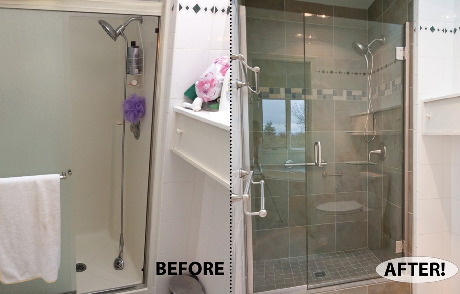 Bath remodel showing shower with heavy-glass shower enclosure, tile surround.