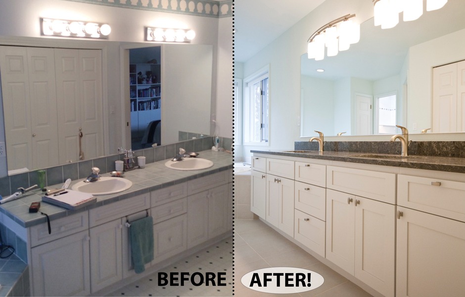 Bath remodel with double-sink vanity.