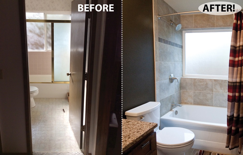 Bath re-do with tile tub surround featuring large obscure glass window.