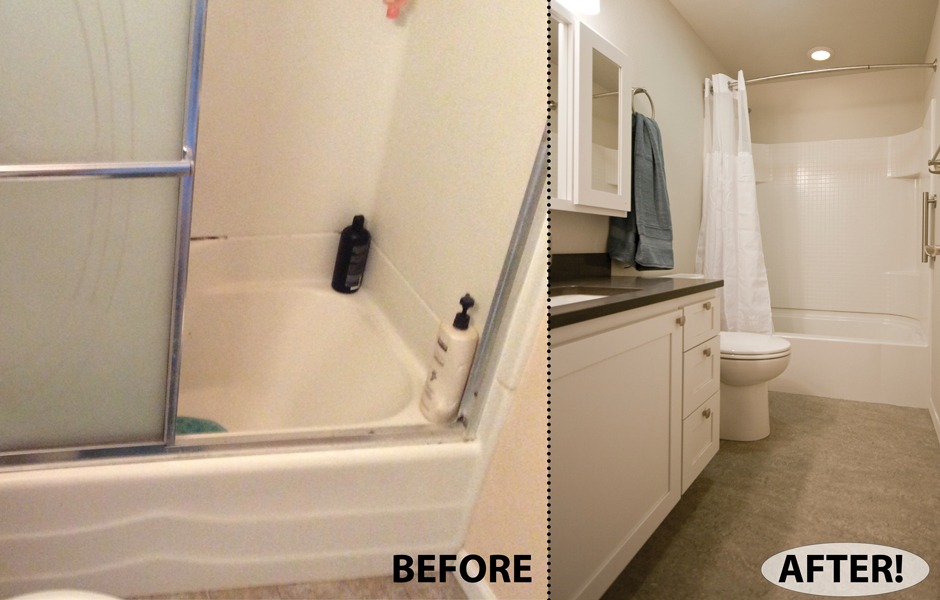 Complete custom bathroom makeover with acrylic tub/ shower, all new fixtures and finishes.