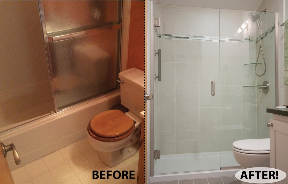 Full custom tiled shower with glass accent band and heavy-glass shower enclosure.