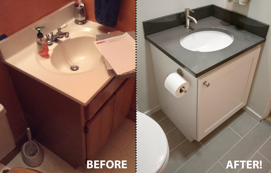 Custom bathroom makeover with quartz counter, under-mount sink and porcelain tile floor.