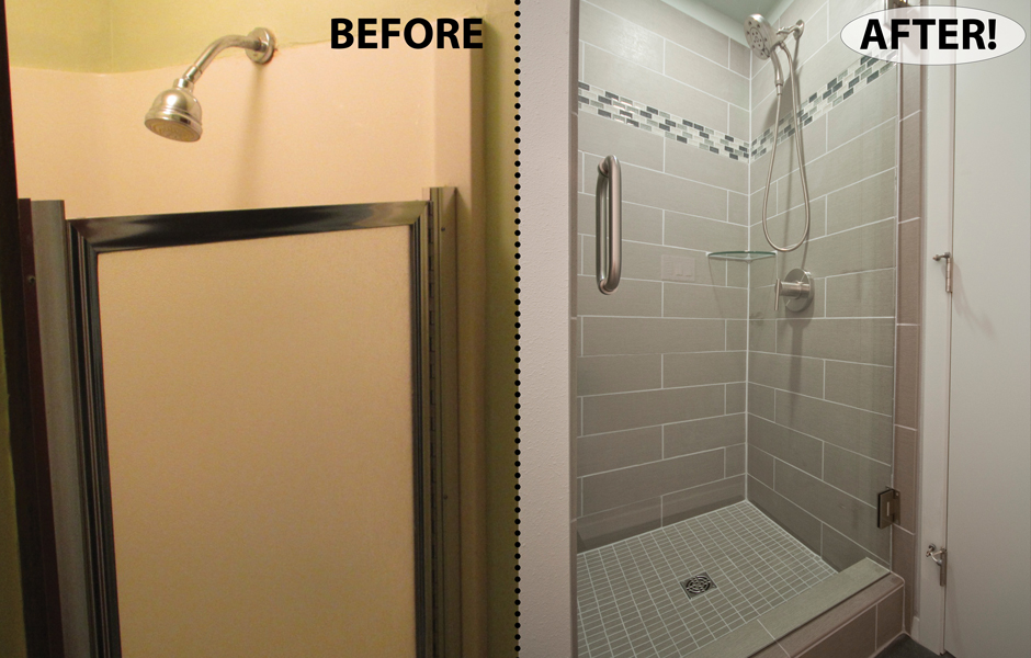 Shower makeover converting old acrylic unit to beautiful custom tile surround and pan.