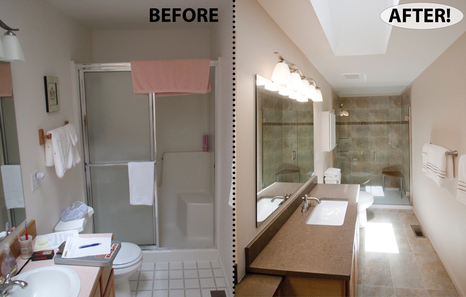 Full custom bathroom remodel with beige sandstone-look porcelain tile.