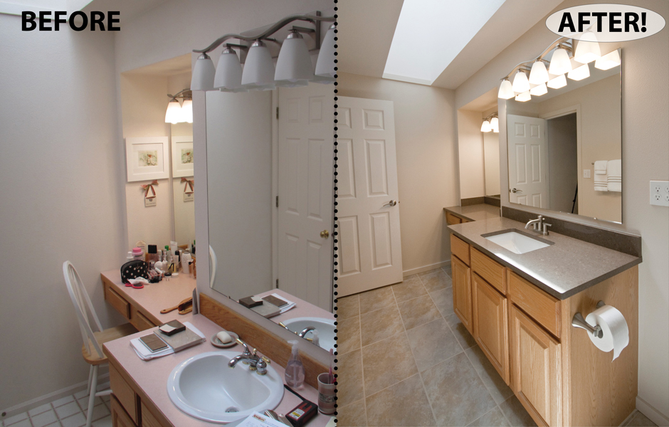 Complete custom bath remodel including quartz-counter makeup desk.