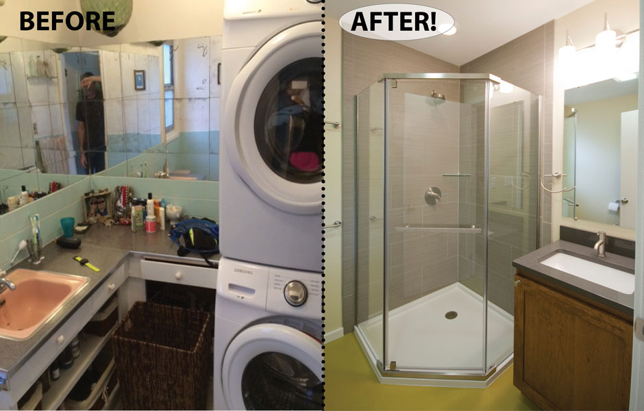 Custom remodel of bath/ laundry rooms, featuring new neo-angle shower with heavy-glass enclosure.