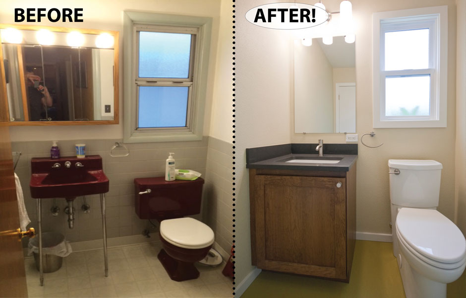 Personalized bath remodel including replacing old console sink with new storage vanity cabinet.