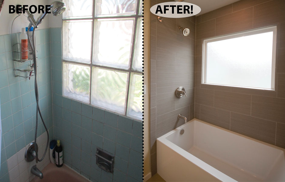 Tub/ shower remodel featuring large obscure-glass window.