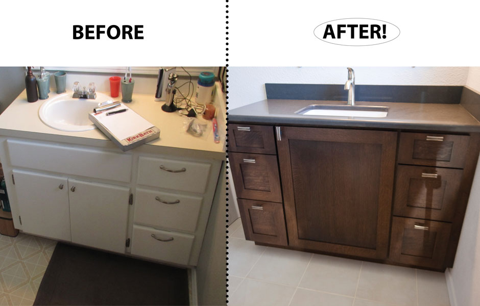 Custom bath remodel showing vanity swap and tile floor.