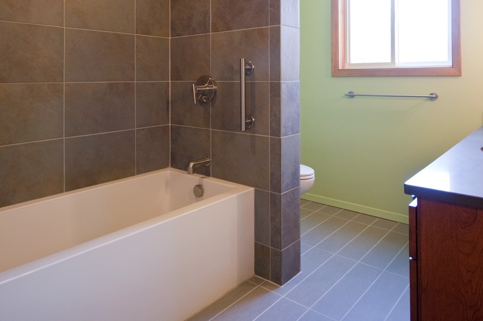Mid-century modern bathroom remodel with all new finishes, fixtures and layout.