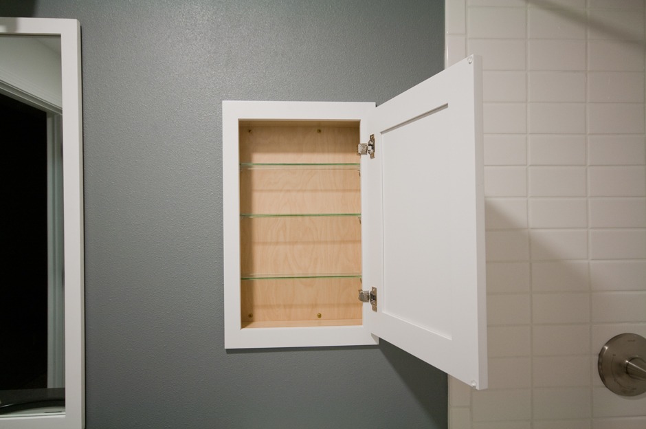 white recessed medicine cabinet in bathroom remodel