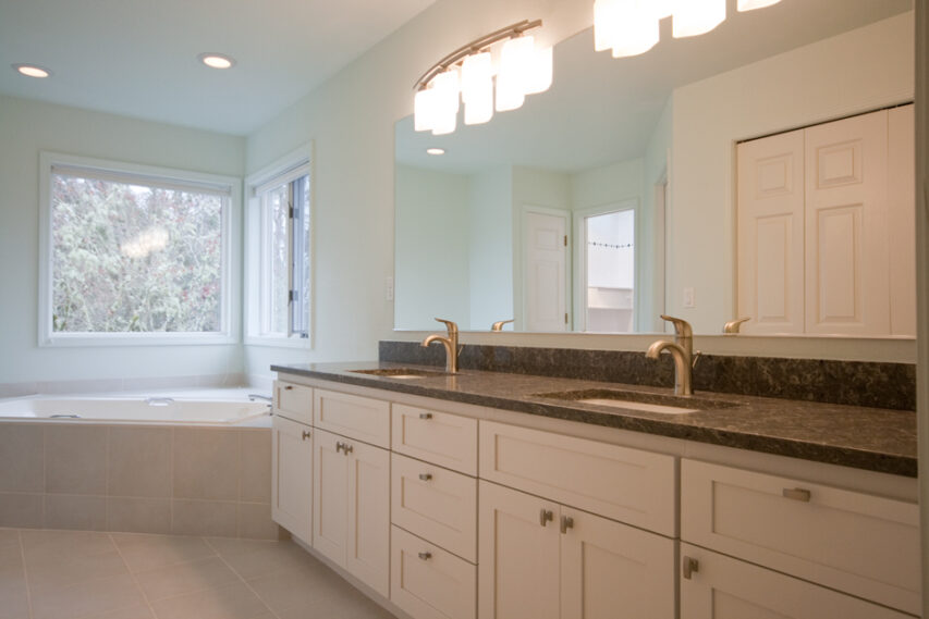 extra large double vanity plus corner soaker tub with windows