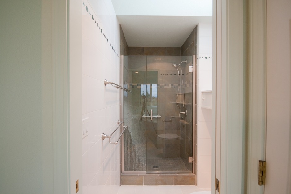 white wall tile, green shower tile bathroom remodel