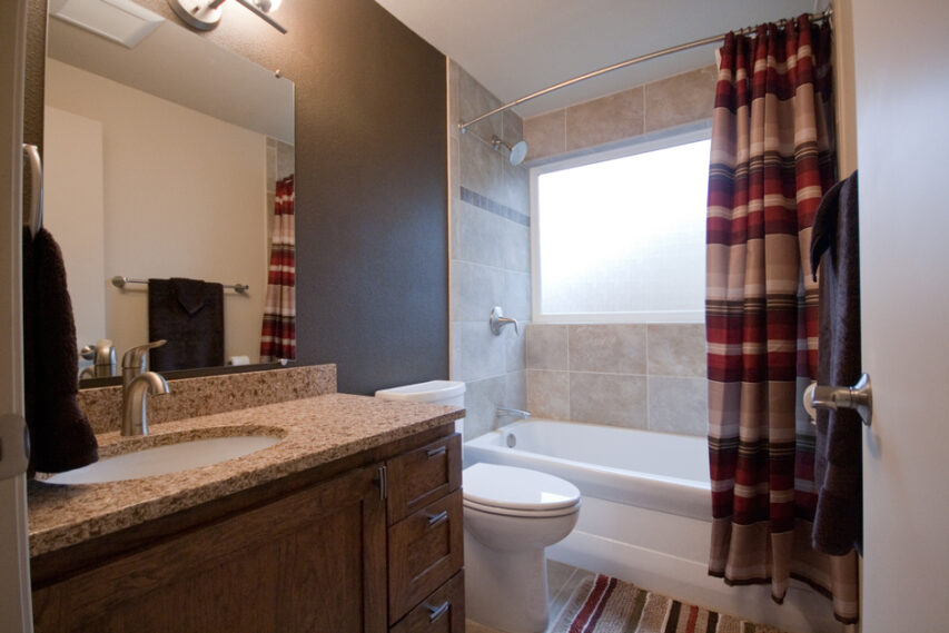 warm browns and reds bathroom remodel