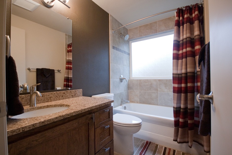 warm browns and reds bathroom remodel