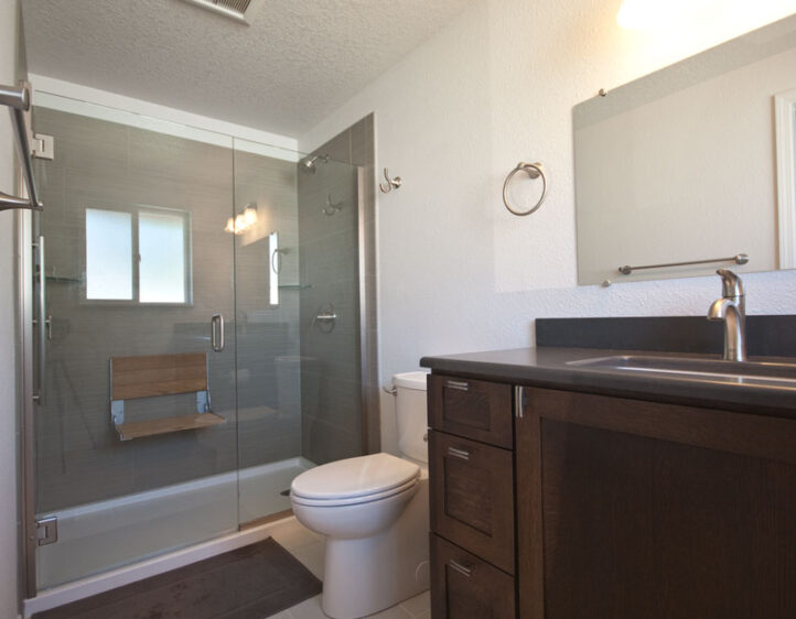 white oak vanity cabinets and teak shower seat