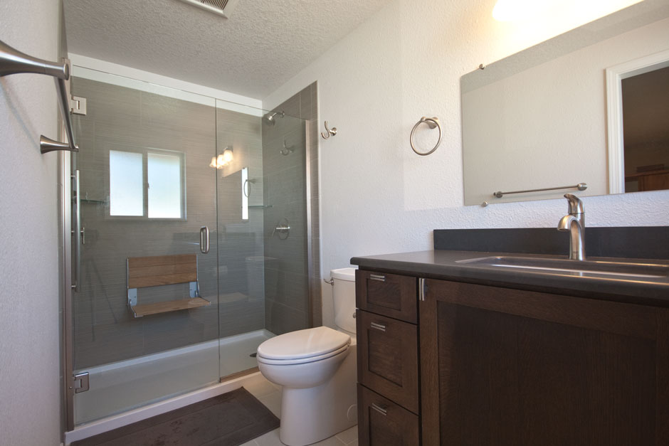 white oak vanity cabinets and teak shower seat