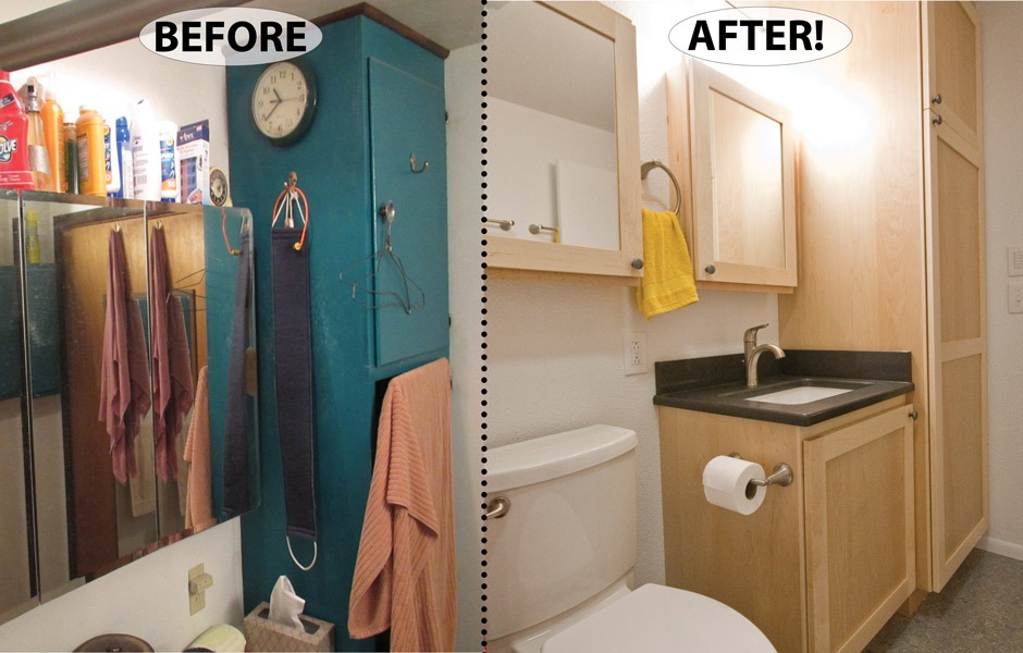 Custom bathroom re-do that re-arranged the plumbing fixtures; new maple cabinets.